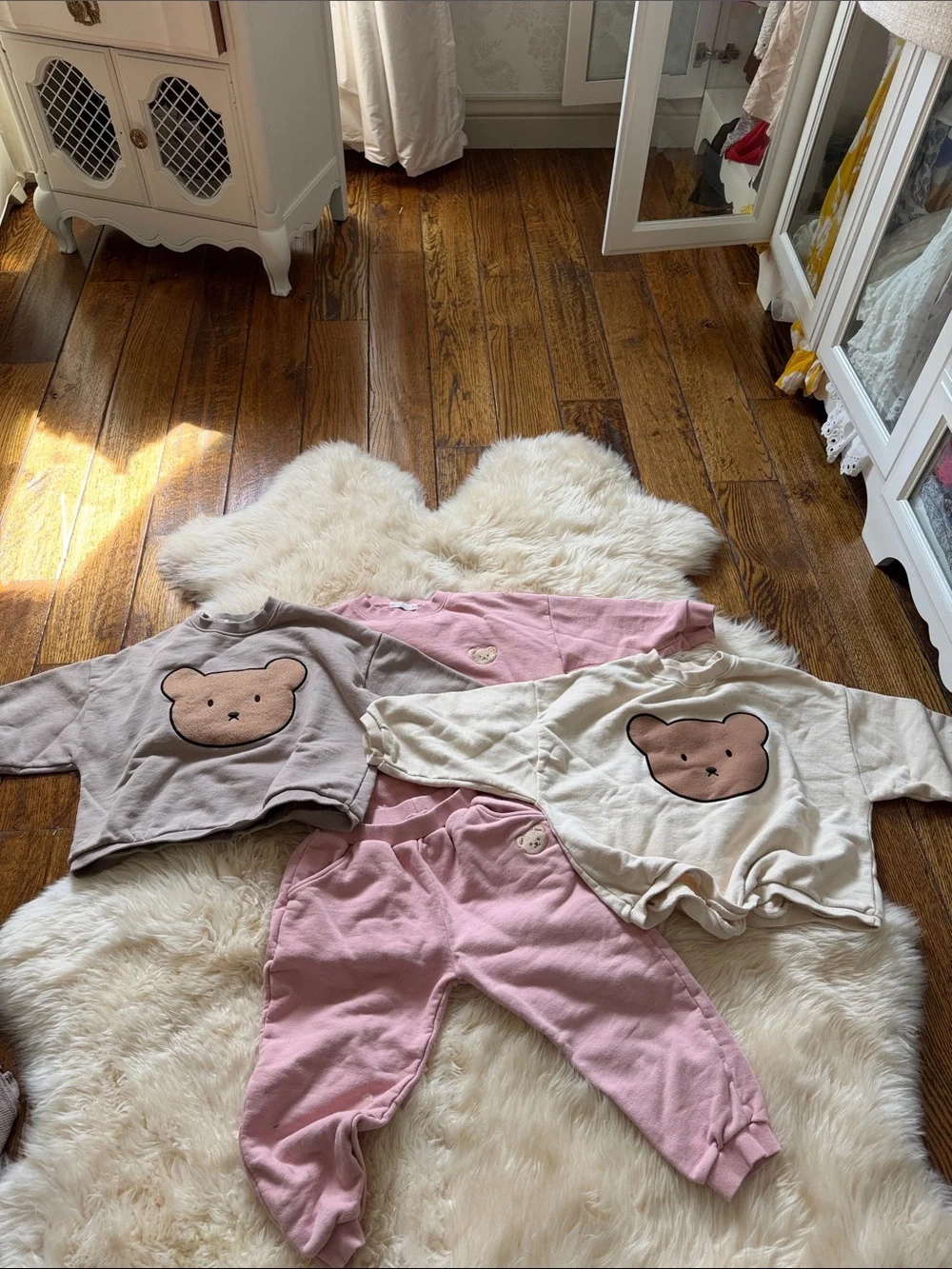 Toddler Bear Applique Pajama Set - Cream & Pink